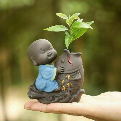 On sales Chinese creative tea pet small vase fish monk statue house warming gift