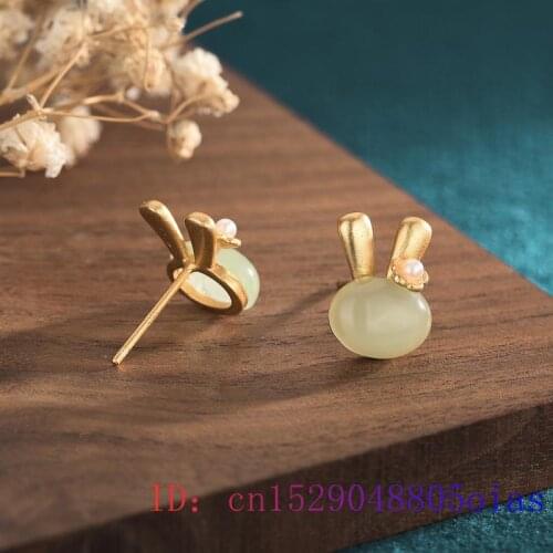 Green Jade Rabbit Ear Studs Chalcedony Zircon Fashion Amulet Earrings Jewelry Gifts Natural Crystal Women Gemstone 925 Silver