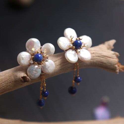 Italian design manual natural baroque pearls lapis tassel flower wholesale gold-plated earrings earrings