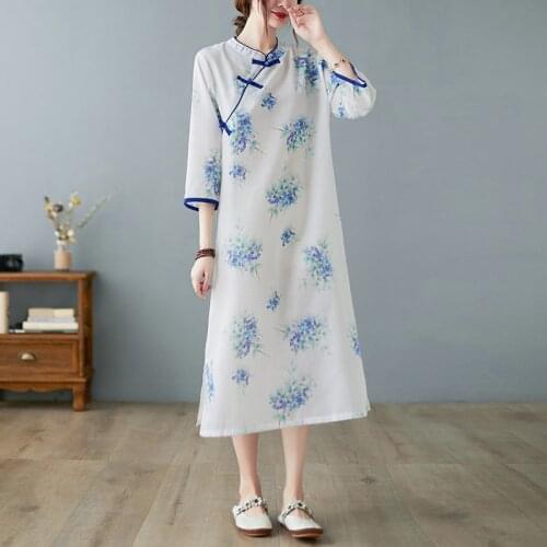 Chinese Style Vintage Dress cheongsam Robes Thin Soft Cotton Linen Print Floral Beading Loose Women Casual Midi Dress