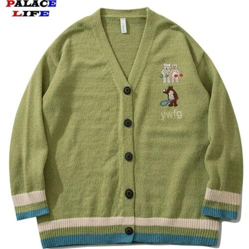 Cartoon Bear Embroidery Knitted Cardigan Sweater Men Streetwear Harajuku Casual Green Button Knit Cardigan Sweater Coats Autumn