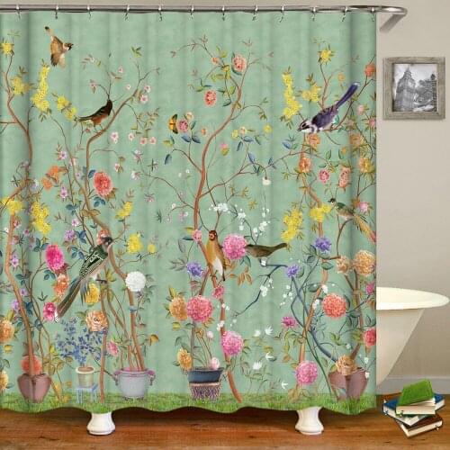Chinese Style Flower and Birds Tree Shower Curtains Bath Curtain Waterproof Bathroom Decor With Hooks 3d Printing Bath Curtain