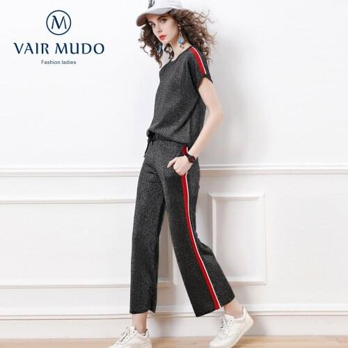 Summer womens Clothing Fashion Round Neck Bat Sleeve Contrast Stitching T-Shirt + Trousers Knitted Suit Women Wide Leg PantY-62