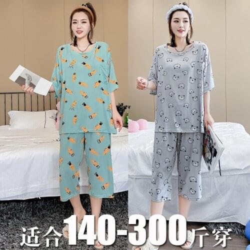 2021 Spring Summer Womens Milk Silk Short-Sleeved Cropped Trousers Pajamas Two-Piece Plus Size 145kg Loose Thin Pajamas 2XL-4XL