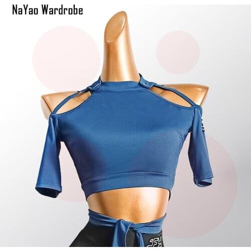 Short Sleeve Bare shoulder Sexy Latin Dance Tops Women Waist Band Latin Dance Tees for Ballroom Samba Tango Performamnce TL601