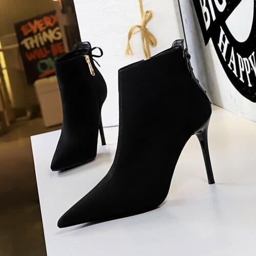 Women Pointed Toe Thin Heels Winter Side Zippper PU Leather Ankle Boots Ladies