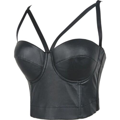 2020 Women Faux Leather Bustier Crop Top Push Up Strappy Black Bralette Gothic Punk Club Party Corset Bra Vest