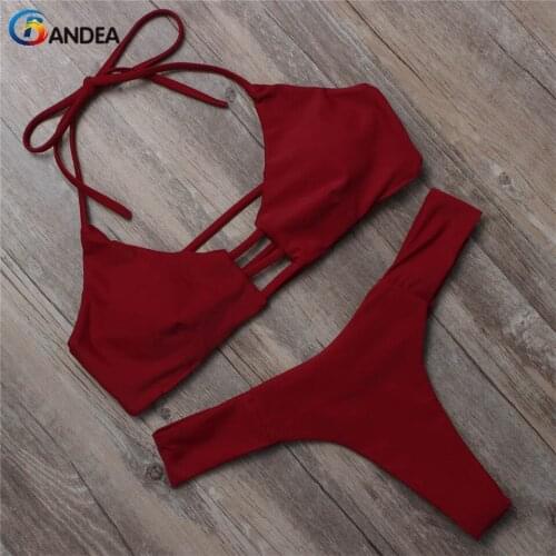 BANDEA new bikini set women push up biquini female wine red halter swimsuit sexy thong swimwear high neck bathing suit HA945