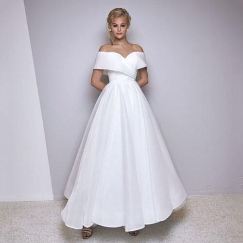 UZN Ivory A Line Satin Wedding Dress Ankle Length Sweetheart Off Shoulder Short Sleeves Bridal Gown Vestido De Novia