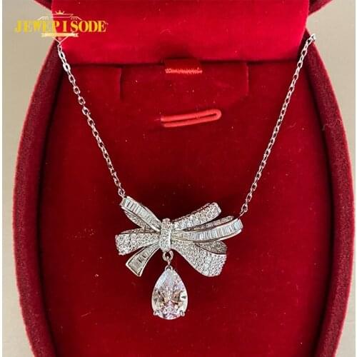 Jewepisode 925 Sterling Silver Jewelry Necklace Moissanite Diamond Bowknot Pendant Chain Necklace Women Wholesale Wedding Gifts