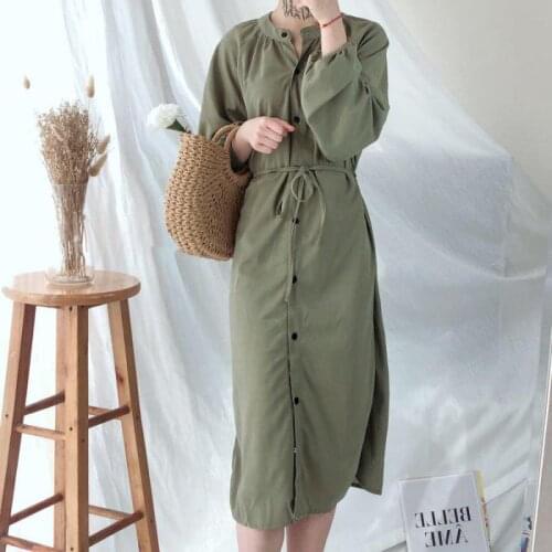 2021 Spring Autumn Japanese Korean Waist Slimming Shirt Dress Retro Simple Women Long Skirt Avocado Green Skirt Free Shipping