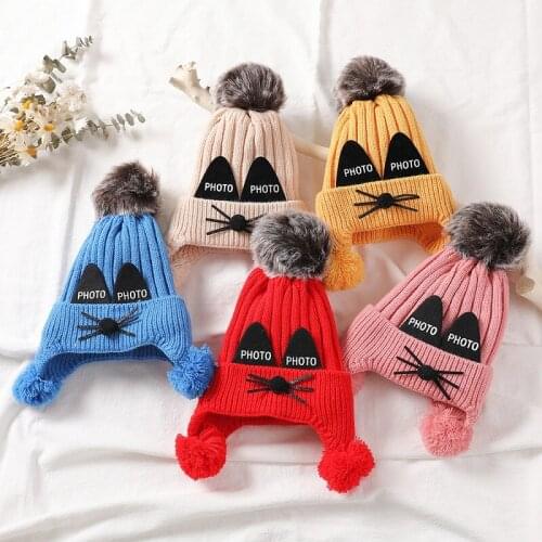 Winter Beanie Hats for Kids Cap Children Boys Girls Faux Fox Fur Pompom Hat Cute Embroidery Skullies Beanies Knitted Warm Caps