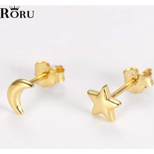 100% 925 Sterling Silver Fashion Cute Tiny Asymmetric Moon Star Stud Earrings for Daughter Girls Women 2021 Jewelry Ear Rings