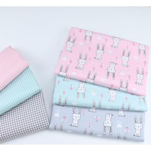 160CM*50CM cotton cloth GRAY PINK GREEN cartoon RABBIT flowers 3 mm check fabric for DIY bedding dress cushion handwork tissue
