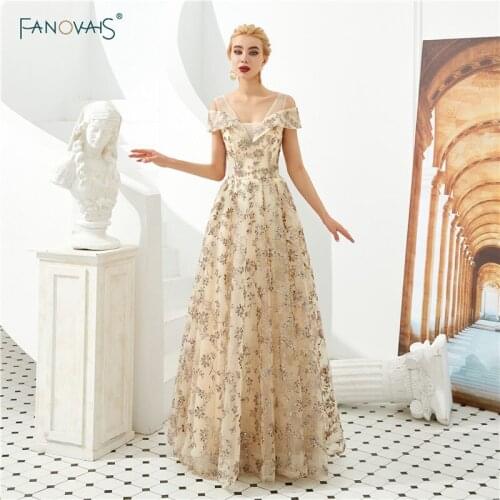 Shiny Sequin Lace Evening Dresses 2020 V Neck A-Line Long Champagne Formal Dress Prom Party Dress Vestido De Fiesta NS16