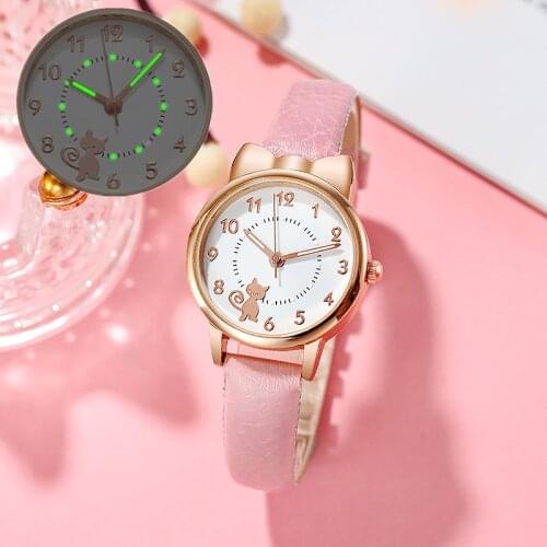 2021 Digital Kid Watche Girl Student Leather Strap Childrens Watch Golden Cat Luminous Dial Quartz Children Wristwatch Relogio
