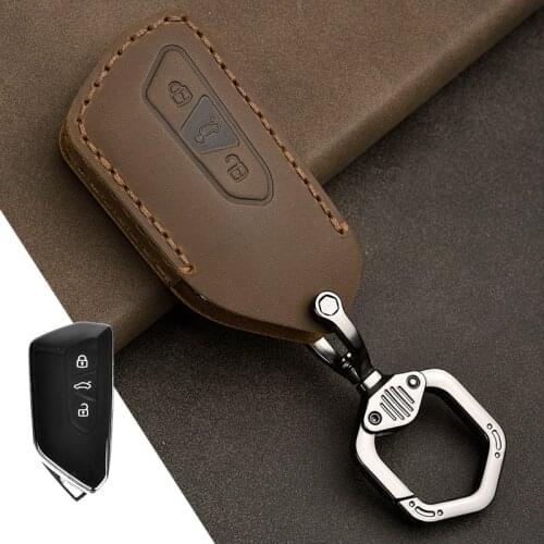 Genuine Leather Car Remote Key Case Cover For Volkswagen VW Golf 8 MK8 For Skoda Octavia Key Protector Shell Bag Accessories
