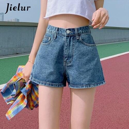 Jielur Retro Black Denim Shorts 2021 New High-waisted Thin Loose Blue Jeans for Womens Zipper A-line Short Jeans Summer XS-XXL