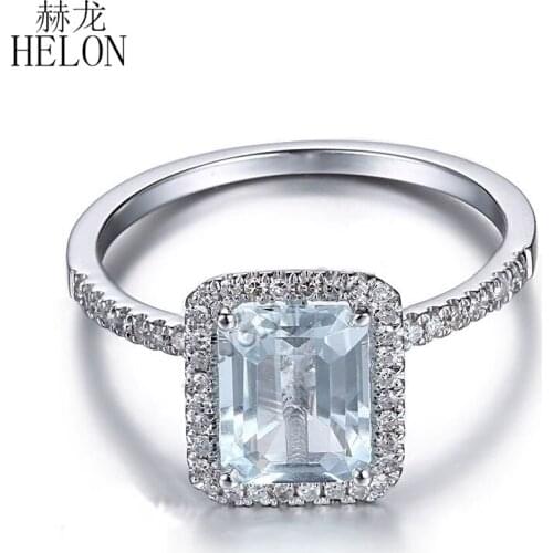 HELON Solid 14K White Gold Cushion 8x6mm Natural Aquamarine Diamonds Trendy Fine Jewelry Engagement Diamond Ring Women Best Gift