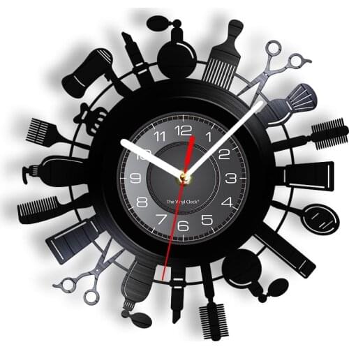 Barber Shop Tools In Circles Hair Dresser Vinyl Music Record Wall Clock Beauty Barber Supplies Ablum Disk Crafts Hanging Watch