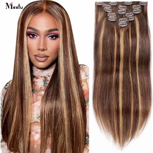Meetu Clip in Hair Extensions Human Hair P4 27 Highlight Straight Hair Clips for Women Clip In Human Hair Extensions