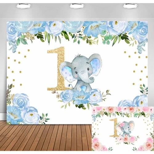 MOCSICKA Baby 1st Birthday Backdrop for Photography Blue Pink Elephant Flower Child Birthday Party Photo Background Prop Studio