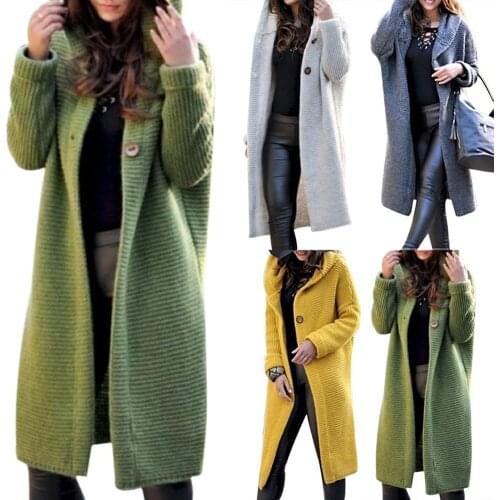 Fashion Autumn Winter Knitted Sweater Women Long Sleeve Loose Solid Color Hooded Women Outwear Female Polyester Spandex Cardigan
