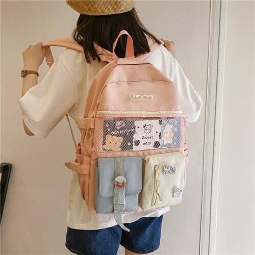 Kawaii Harajuku Nylon Student Backpack Large Capacity Waterproof School Bag Pin Lady Cute Backpack Girl Fashion Book Female Bag