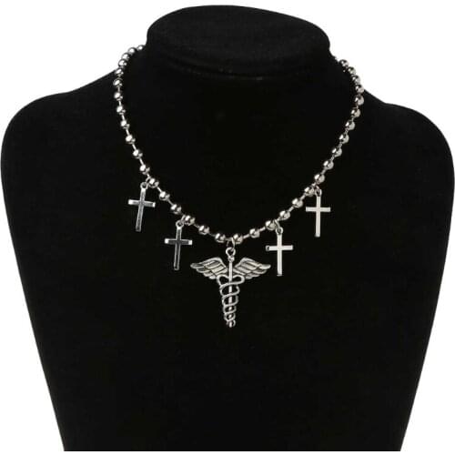 Punk Rock Skull Choker Ball Chain Caduceus Symbol of Medicine Cross Pendant Necklace Collar Band Women Gothic Jewelery