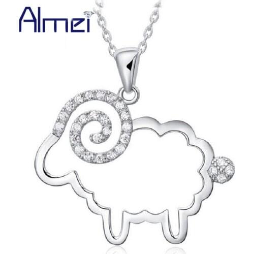Almei 2018 15%Off Sheep Pendant Necklace for Women Girls Kids Jewelry Fashion Cubic Zirconia Rhinestone Animal Collares JS501