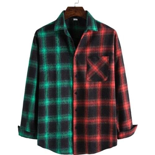 RTS Fashion Plus Size Men Loose Casual Irregular Contrast Plaid Button Up Long Sleeve Shirt