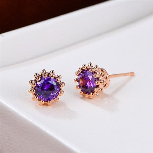 Rose Gold Silver Color Stud Earrings Vintage Female Purple Crystal Stone Earrings Fashion Round Small Wedding Earrings For Women