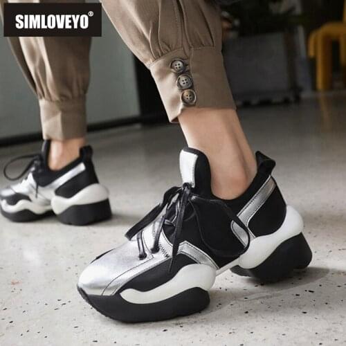 SIMLOVEYO New 2021 Women Sneaker Sports Shoes Round Toe 6cm Heels Genuine Leather Stretchy Patchwork Cool Hiking Summer A3506