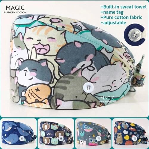 Dental Hospital Scrub Caps Cute Cat Print Scrubs Women Caps 100%cotton Pet Clinic Work Hat Nursing Scrubs Work Skull Hats Unisex