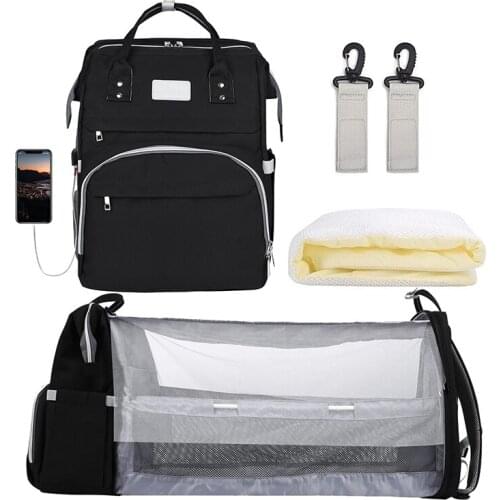 Diaper Bag Backpack Foldable Crib Baby Bed Waterproof Travel Bag USB Charge Diaper Bag Backpack with Changing Bed nappy bag