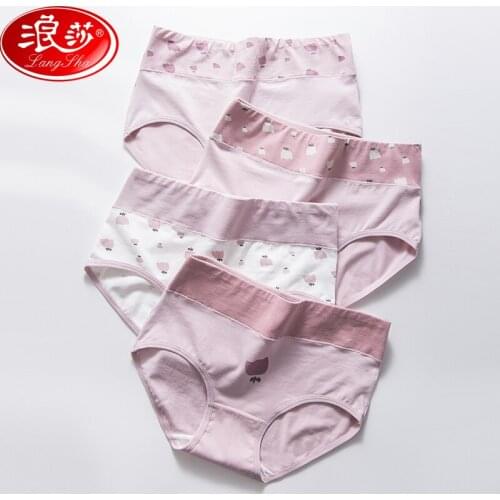 LANGSHA 4Pieces Panties Women Cotton High Waist Slimming Underwear Lovely Print Seamless Briefs Sexy Breathable Girls Underpants