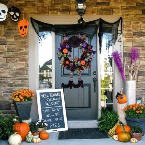 Witch Halloween Wreath With Hat Legs Front Door Hanging Wreath Pumpkin Wreath For Halloween Decorations