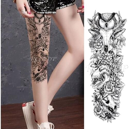 Waterproof Temporary Tattoo Sticker Owl Bird Skull Animal Flower Black Full Arm Fake Tatto Flash Sleeve Tatoo for Men Women