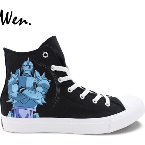 Wen Hand Painted Athletic Shoes Design Anime Fullmetal Alchemist Unisex Black Canvas High Top Sneakers Boys Skateboard Trainers