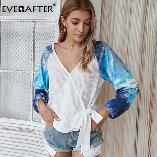 EVERAFTER Casual tie dye t-shirt women long sleeve lace up bow print patchwork sexy v-neck Autumn t shirts tops woman clothing