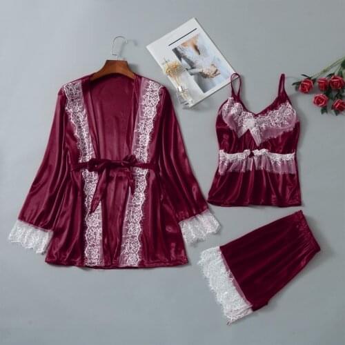 Women Pajama Sets Satin Lace Patchwork Sexy Sleepwear Sling Solid Robe Long Sleeve Home Clothes For Womens Pijamas De Mujer