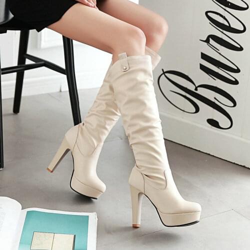 2021 Autumn Winter New Waterproof High-Heeled Womens Shoes Fashion Imitation Pigskin Knee Boots Fold Solid Color Womens Boots