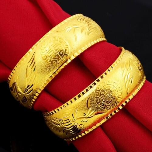 24K Yellow Gold Dragon Phoenix Bracelet Bangles For Women Sand Gold Cartoon Happy Character Bracelet Wedding Fine Jewelry