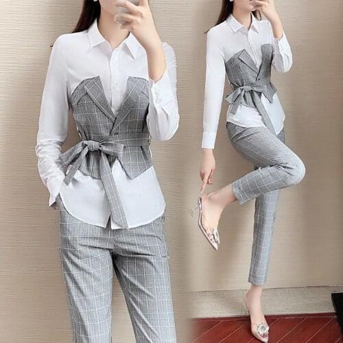 Women 2021 Spring Autumn Elegant Pant Suit Female Slim Patchwork Tops and Pants Two Pieces Set for Office Ladies Work Wear E471