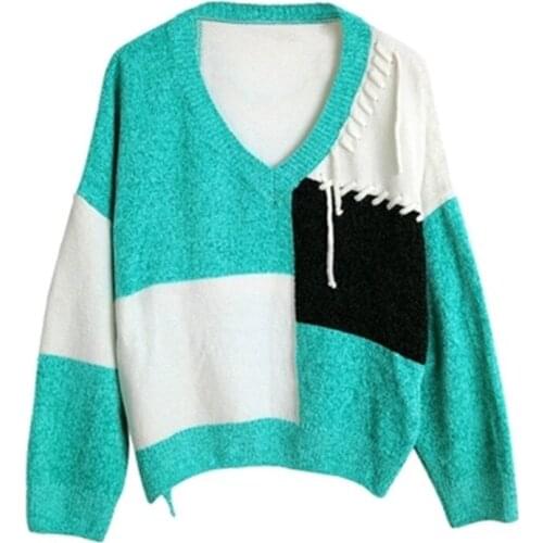 100%hand made polyester knit women batwing style patchwork Vneck loose pullover sweater one&over size