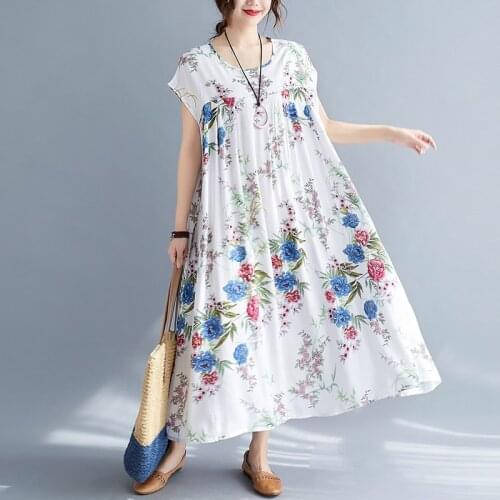 Beach Style Travel Casual Dress 2021 New Arrival Short Sleeve Soft Cotton Satin Loose Summer Dress Women Vintage Long Maxi Dress