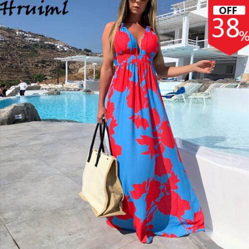 Dresses Women V-Neck Sexy Sling Print Floor Length Dress Casual Holidays Beach Style High Waist Slim A-Line Long Dress Sukienki