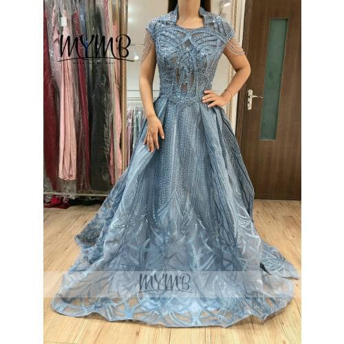 MYMB Brand Luxury A Line Dresses For Women 2021 Dubai Fashion Blue Evening Gown Big Size For Wedding And Party MY31132