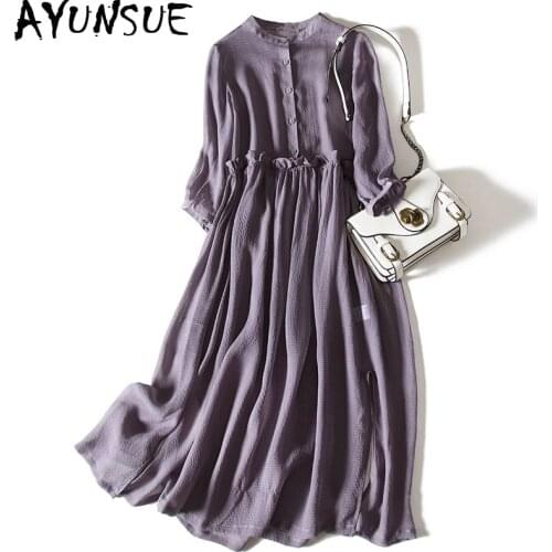 2020 Summer Real Silk Dress Women Purple Elegant Dress Ruffle Midi Vintage Dresses for Women Korean Vestidos 2020 A0979 KJ4836