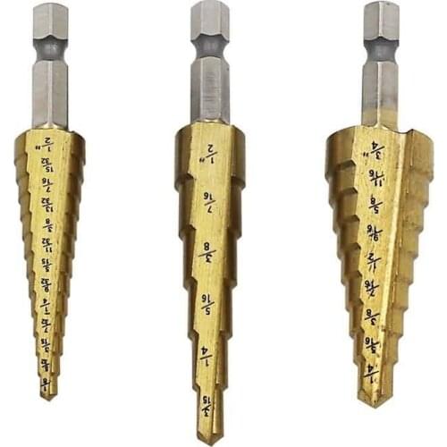 3 pcsTitanium Coated Step Drill Bit 1/4 1/8 3/16 Inch HSS Wood Cone Drilling Tool Straight Groove Pagoda Drill
